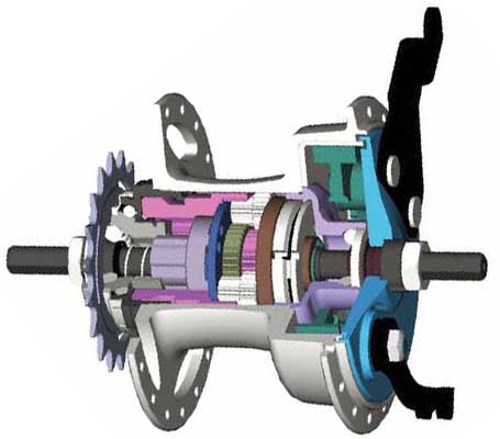 5-скоростная планетарная втулка широкого диапазона Sturmey-Archer S5W с барабанным тормозом в разрезе