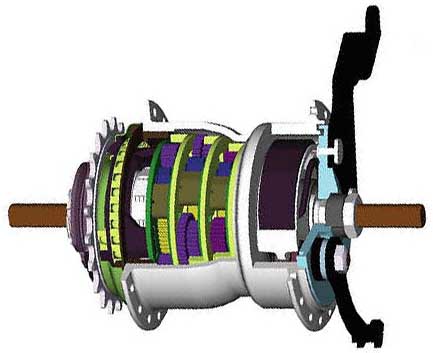 Поперечный разрез 8-скоростной планетарной втулки Sturmey-Archer X-RD8(W) с барабанным тормозом