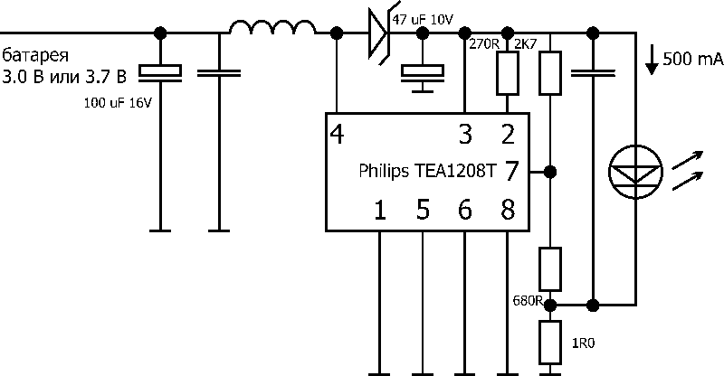 Слегка модифицированное применение микросхемы модулирующего стабилизатора Philips TEA1208,  питающего один светодиод Luxeon