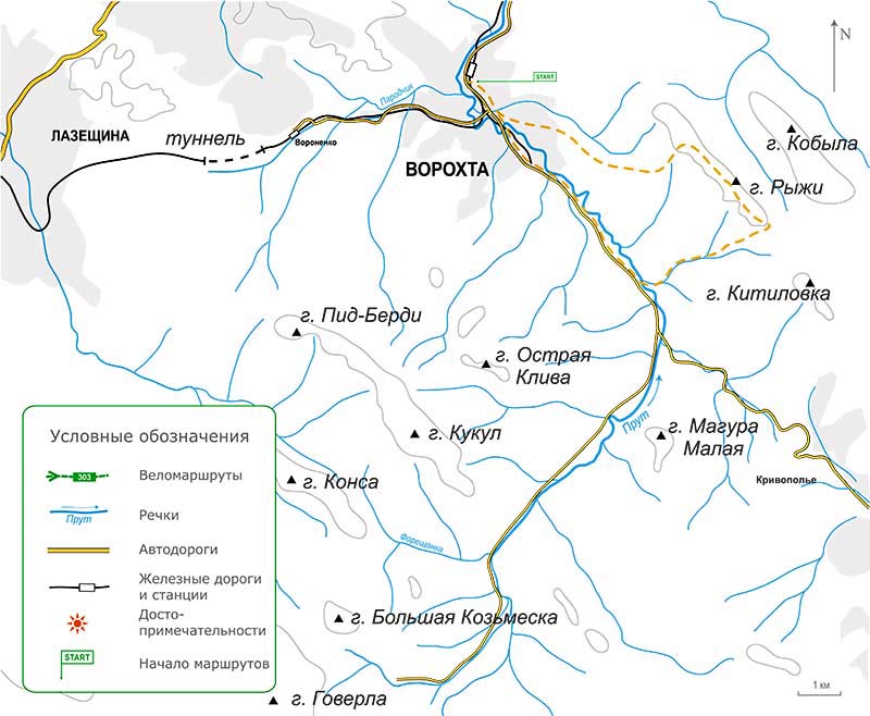 Карта велосипедного похода в Карпатах